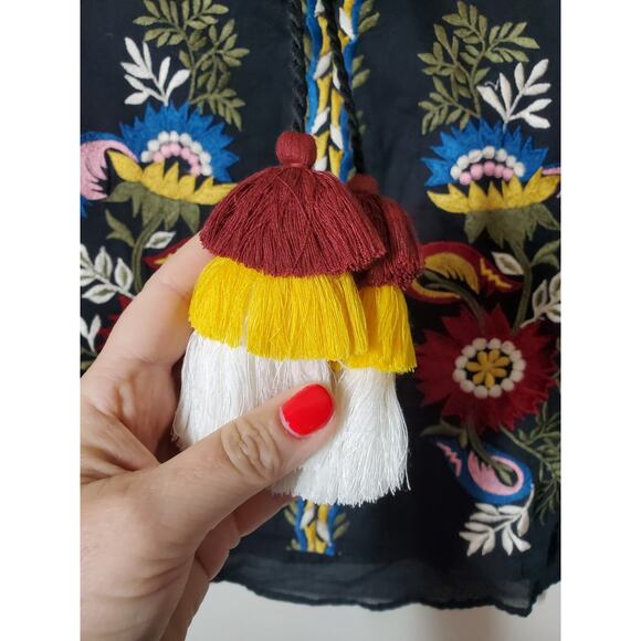 Misa Los Angeles Womens XS Embroidered Boho Peasant‎ Cotton Top Tassels Black - Picture 2 of 8